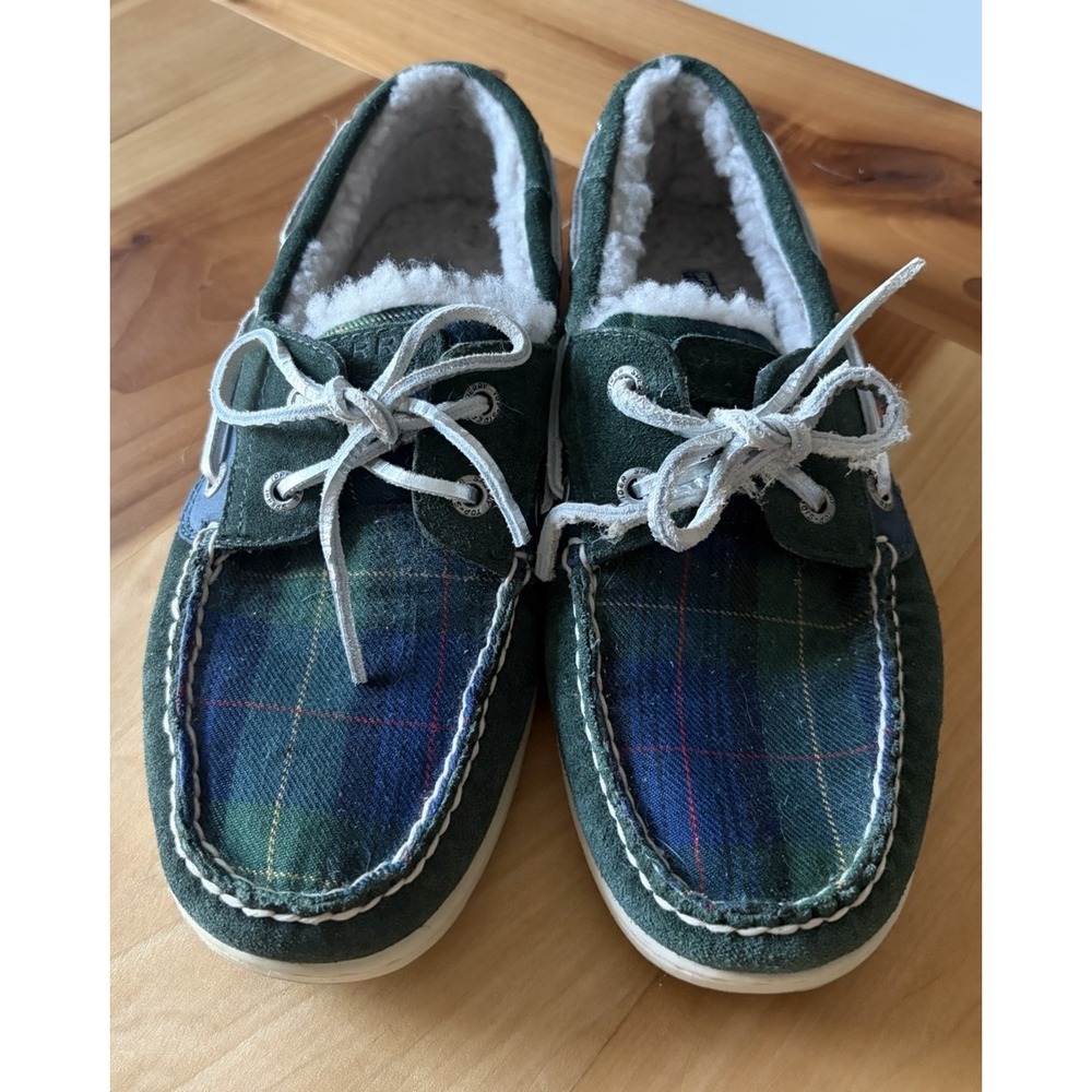 VTG Sperry Top-Sider Women's 8 Leather Boat Shoes Green Suede Plaid Sherpa Lined